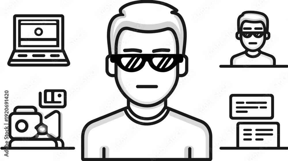 Obraz premium Programmer or IT specialist avatar with laptop and tech icons. Outline vector illustration of a developer with sunglasses.