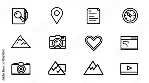 Travel and Photography Line Icons Collection: Map Pin, Camera, Mountain, Document, Clock, and Heart Outline Symbols
