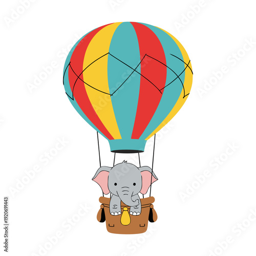 Cartoon elephant flying in colorful hot air balloon, viewed from below, in a whimsical illustration