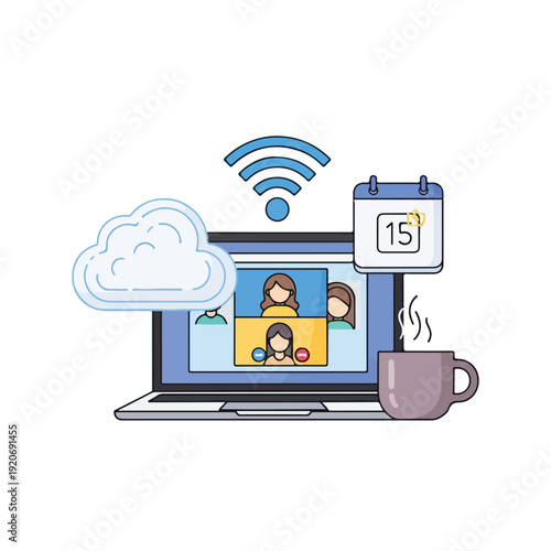 Online Meeting on Laptop with Coffee and Calendar