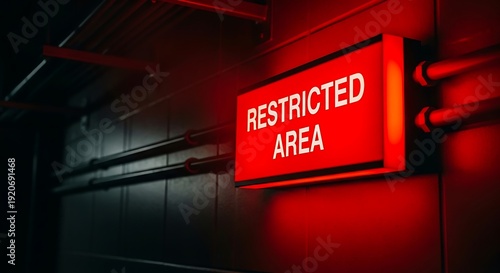 Red illuminated restricted area sign mounted on dark wall with pipes warning