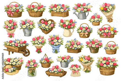 Many colorful flower arrangements on display in various containers and styles during a spring celebration