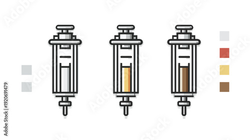 Medical syringe icons with varying liquid fill levels. Flat line art vector illustration for science, health, and research graphics.