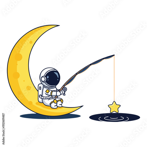 Astronaut fishing for a star on a crescent moon in a serene space scene illustration