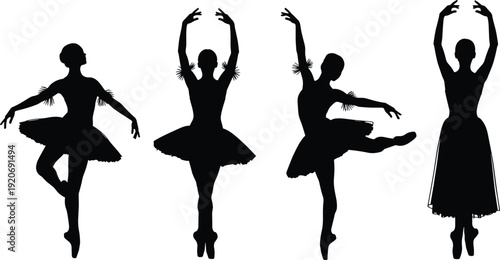Four black silhouettes of ballet dancers in various poses white background