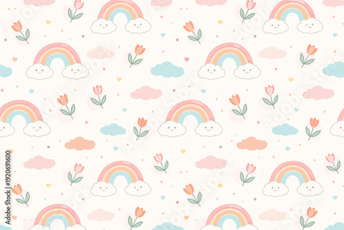 Colorful pattern of rainbows, clouds, flowers, and hearts on light background celebrating a playful design for children and decoration
