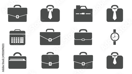 Modern Flat Design Business Briefcase, Document Folder, Calendar, and Watch Icons. Professional Corporate Work Vector Collection.