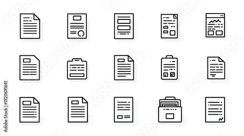 Outline Document Icons Collection: Vector set of file, form, contract, and paperwork symbols for business and office applications.
