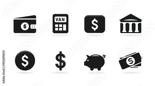Set of black financial icons including wallet, calculator, bank, dollar signs, coin, piggy bank, and bill for economy and business.