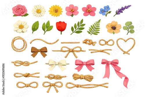 Colorful flowers and various ribbon designs arranged neatly on a white background for creative craft projects