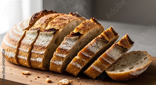 Sliced artisan sourdough bread with steam rising on a wooden board loaf