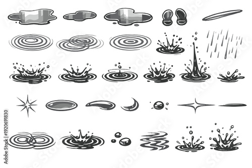 Different water effects including ripples, splashes, drops, and reflections shown in black and white illustrations during daylight