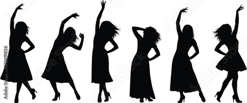 Six black silhouettes of women dancing in dresses on white background heels