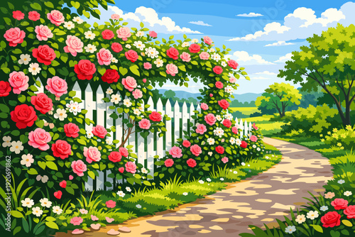 Colorful roses and a winding path near a wooden fence in a sunny garden setting with blue skies and fluffy clouds