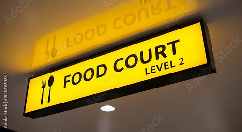 Yellow illuminated food court sign with cutlery icons and level indicator image photo