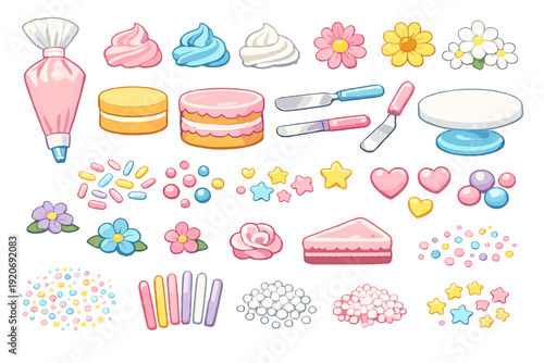 Decorative cake elements and tools arranged on a white background for cake decoration and baking activities