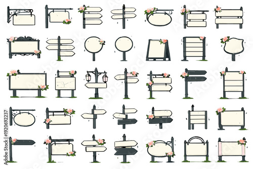 Different types of blank signs with floral decorations in various shapes and styles for public display around town