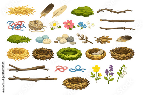 Gathering materials for nest building in a nature-themed environment during the daytime