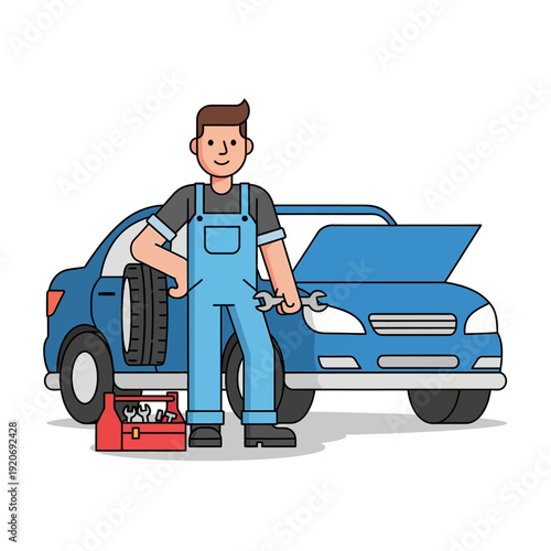 Mechanic with Car and Tools