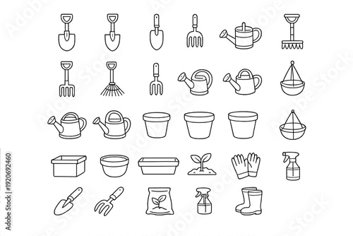 Tools and supplies for gardening arranged in simple line art style showing various items used for planting and caring for plants