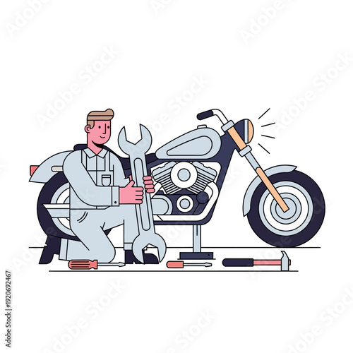 Mechanic Repairing Motorcycle with Tools, Flat Design Illustration