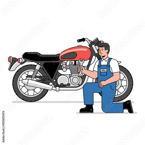Mechanic repairing a vintage motorcycle with a wrench, close-up on engine