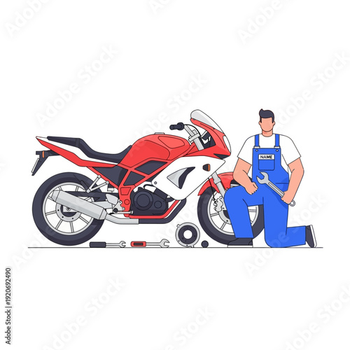 Motorcycle Mechanic Working on Red and White Sportbike with Tools