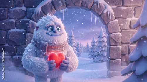 Cute Yeti Monster Heart Gift Winter Snow 3D Render Fantasy Character Illustration
