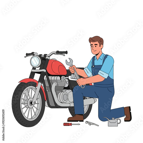 Mechanic repairing a red motorcycle with tools, close-up on engine and wrench