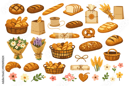 Different types of bread and baked goods are arranged on a white background with flowers, baskets, and packaging materials