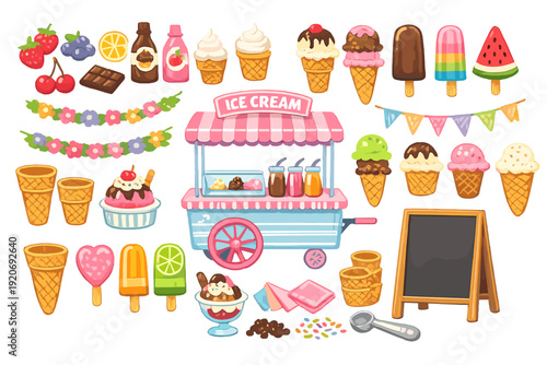Fun ice cream cart with different flavors, cones, and toppings on a sunny day in a park