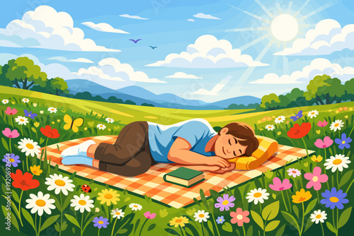 Child lays on a blanket in a field of flowers reading a book while the sun shines in the clear sky during daytime