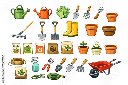 Gardening tools and supplies arranged for planting and maintaining plants in a garden
