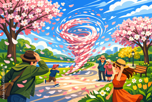 People enjoy a sunny day in a park as a whirlwind of cherry blossom petals swirls around them