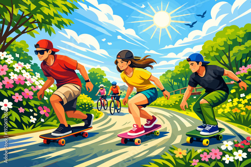 Skateboarders riding down a sunny path surrounded by flowers and greenery near cyclists enjoying a bright day