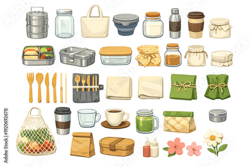 Various containers and utensils for food storage and preparation displayed together in a collection