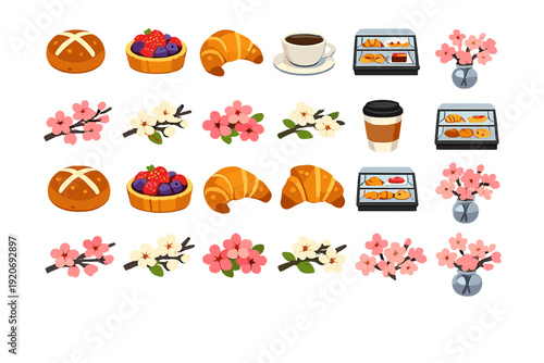 Pastries, coffee, and flowers are arranged on a table during a morning gathering in a cafe setting