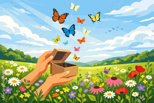 Hands open a box as colorful butterflies fly out over a field of flowers and mountains under a blue sky during the day