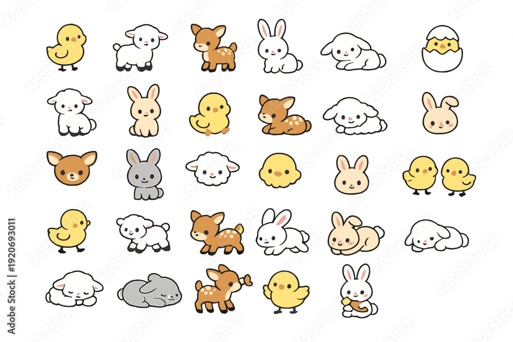 Fototapeta premium Cute animal characters in various poses with bright colors and playful designs, showcasing themes of nature and friendship