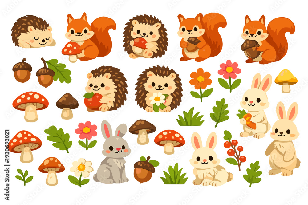 Naklejka premium Cute woodland animals including squirrels, hedgehogs, rabbits, mushrooms, and flowers in a bright scene celebrating nature and forest life