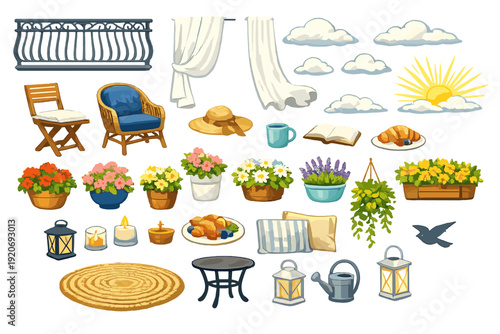 Gathering on a balcony with flowers, coffee, and a book during a sunny day at a cozy outdoor setting