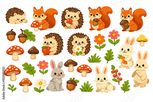 Cute woodland animals including squirrels, hedgehogs, rabbits, mushrooms, and flowers in a bright scene celebrating nature and forest life