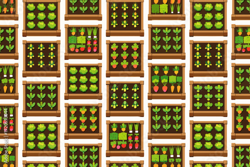 Gardening layout in raised beds with different vegetables and herbs grown in neat rows on a sunny day