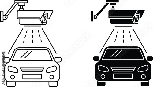Surveillance camera silhouette illustration vector monitoring car, vehicle security traffic control graphics, technology design concept, black and white creative art collection