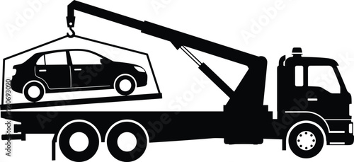Tow truck silhouette illustration vector lifting car with crane platform, roadside assistance vehicle graphics, automotive service design concept, black and white creative art collection