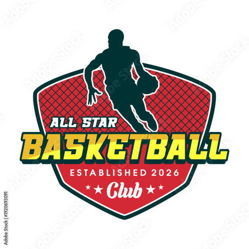 All Star Basketball Club Emblem with Player Silhouette Vector Design