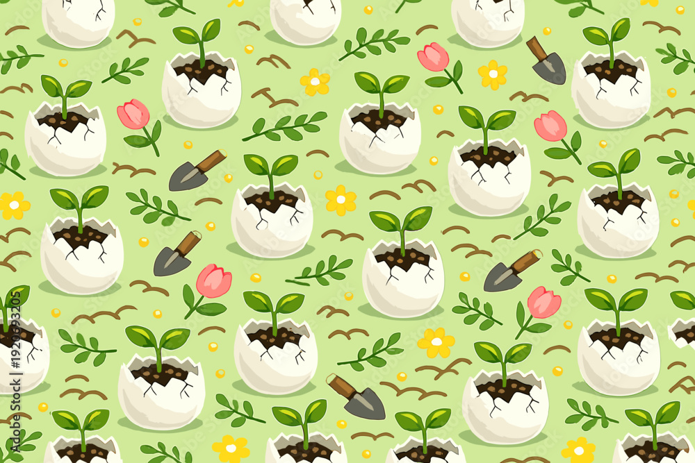 Obraz premium Gardening scene with plants growing in cracked eggshells on a green background during spring season