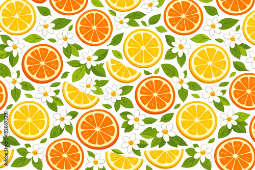 Fruit pattern design with oranges, lemons, and flowers on a white background, showcasing vibrant colors and natural themes