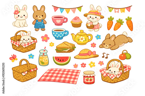 Cute picnic scene with bunnies, food, and decorations in a colorful and cheerful setting