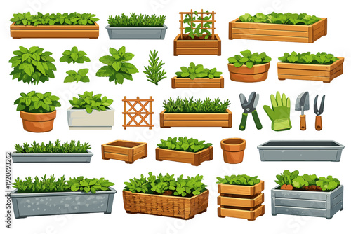 Gardening tools and containers with various types of greens arranged in different planter boxes and pots for planting